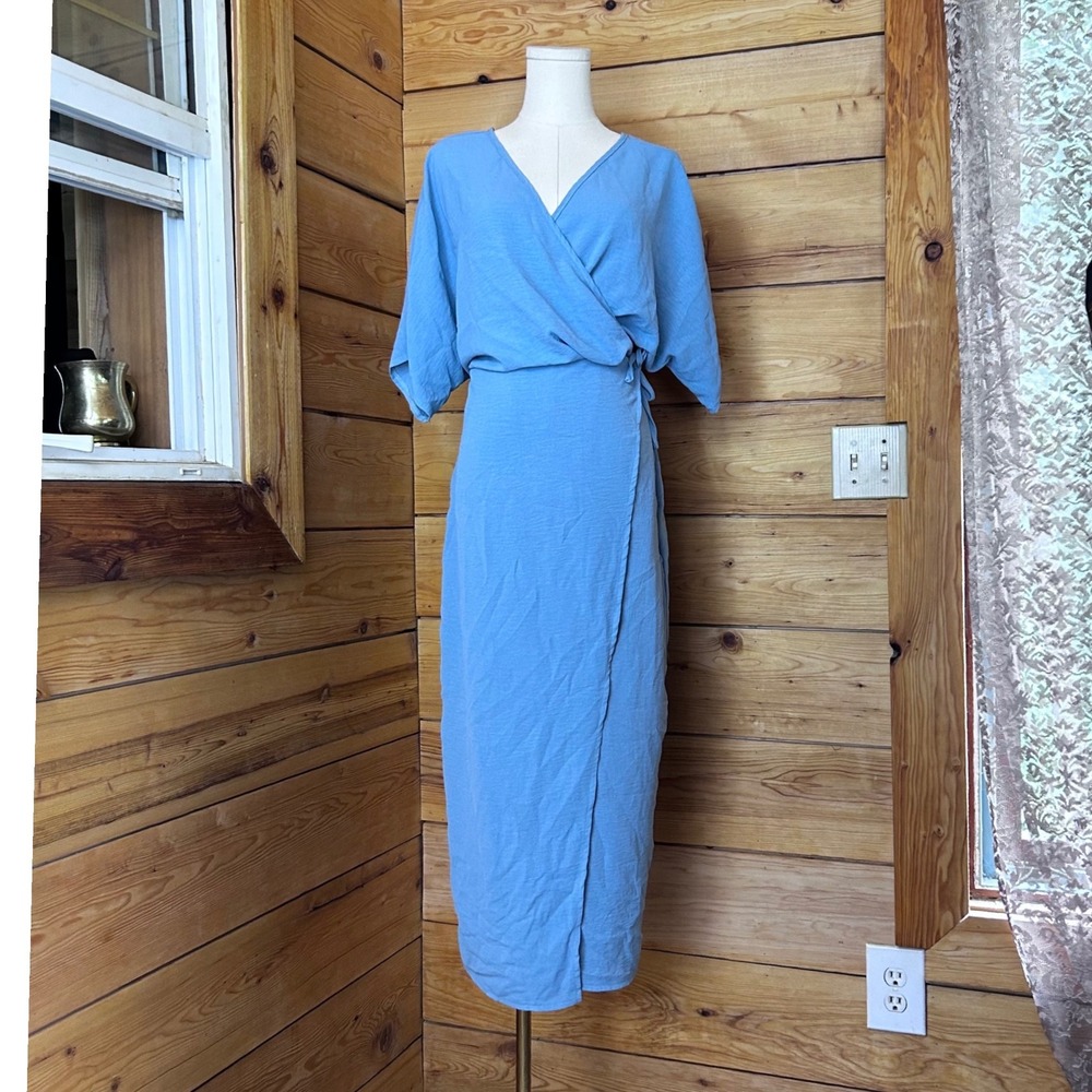 Vintage True Wrap Dress Women Large Cornflower Blue Thick Rayon Kimono Handmade